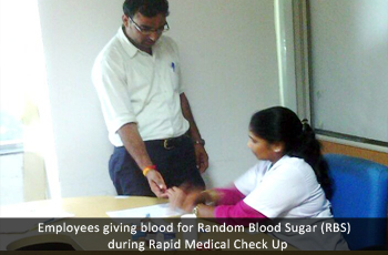 Employees giving blood for Random Blood Sugar (RBS)  during Rapid Medical Check Up