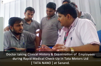 Doctor taking Clinical History & Examination of  Employees during Rapid Medical Check-Up in Tata Motors Ltd [ TATA NANO ] at Sanand.
